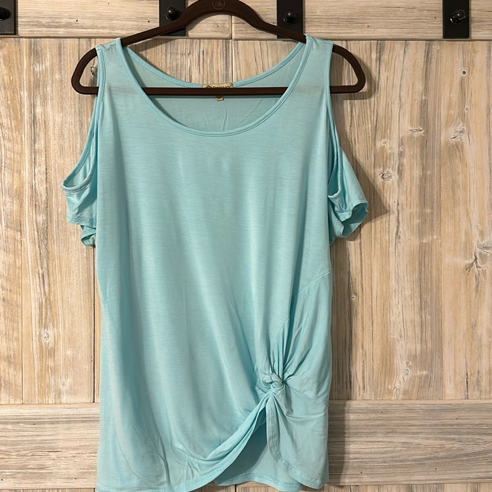 Cold shoulder Democracy top with cinch knot front - size medium